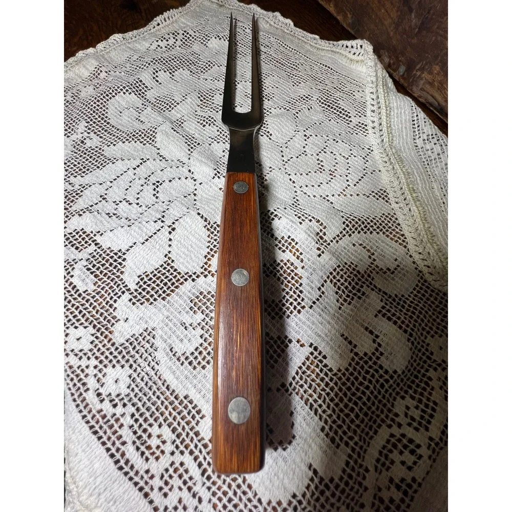 Vintage Stainless Steel Meat Carving Fork Wood Handle 3 Rivet 14 Inch Serving - Picture 5 of 5
